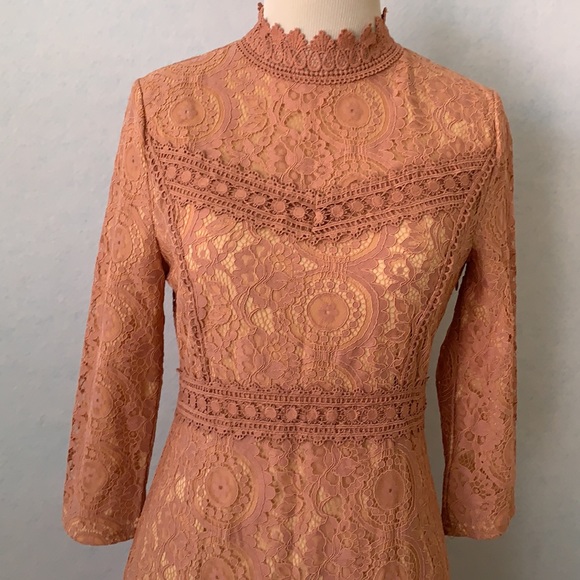 Mauve Lace 3/4 Sleeve High Neck Dress - Picture 2 of 12